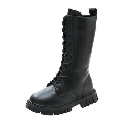 Gyerek lábszárközépig érő csizma Klasszikus sokoldalú fekete csizma lányoknak tavasz ősz vastag alsó kausális gyerekek divat csizma matt PU