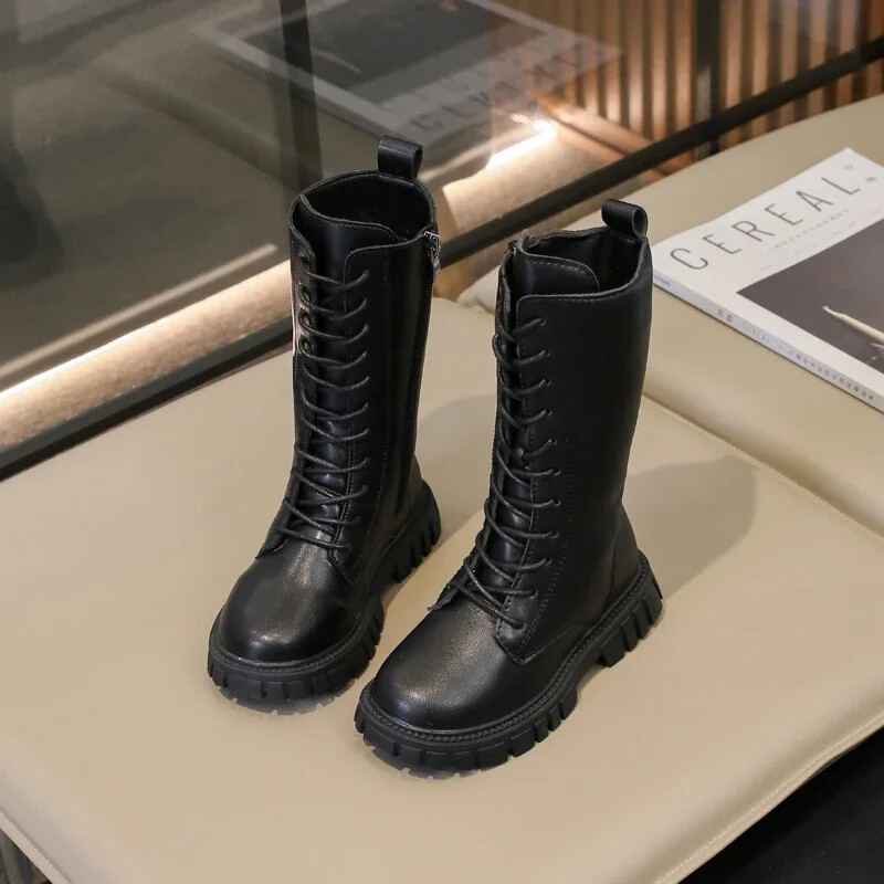 Gyerek lábszárközépig érő csizma Klasszikus sokoldalú fekete csizma lányoknak tavasz ősz vastag alsó kausális gyerekek divat csizma matt PU