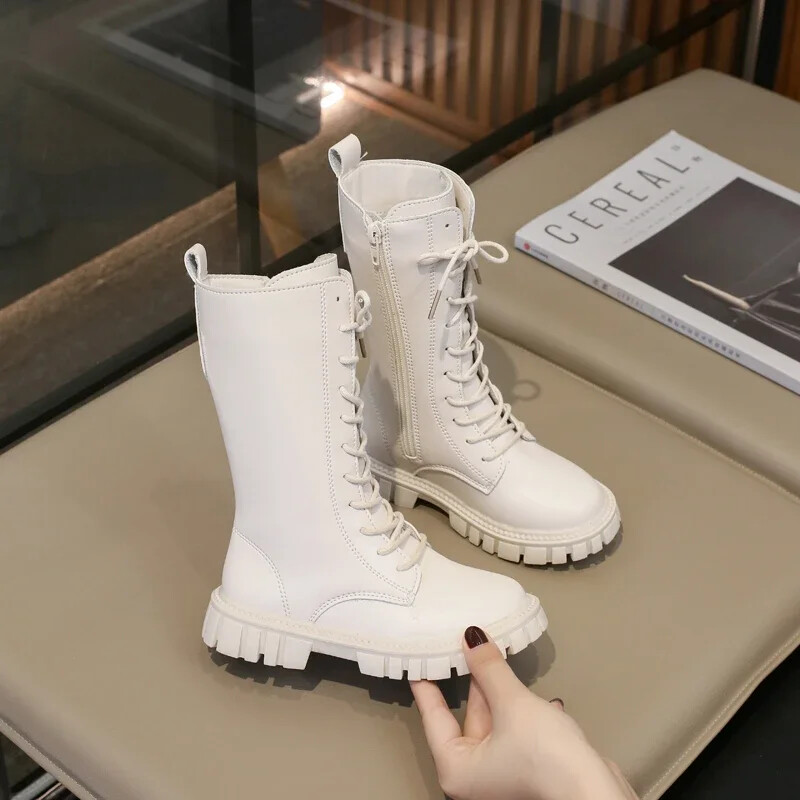 Gyerek lábszárközépig érő csizma Klasszikus sokoldalú fekete csizma lányoknak tavasz ősz vastag alsó kausális gyerekek divat csizma matt PU