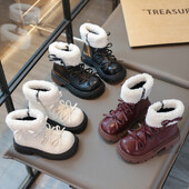 Lánycsizma vaskos egyszínű csokornyakkendő Morden plüss meleg gyerek téli csizma édes elegáns gyönyörű csúszásgátló gyerekcipő 26-36