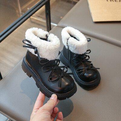 Lánycsizma vaskos egyszínű csokornyakkendő Morden plüss meleg gyerek téli csizma édes elegáns gyönyörű csúszásgátló gyerekcipő 26-36