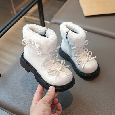 Lánycsizma vaskos egyszínű csokornyakkendő Morden plüss meleg gyerek téli csizma édes elegáns gyönyörű csúszásgátló gyerekcipő 26-36