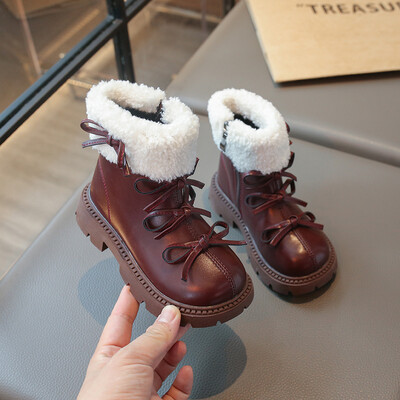 Lánycsizma vaskos egyszínű csokornyakkendő Morden plüss meleg gyerek téli csizma édes elegáns gyönyörű csúszásgátló gyerekcipő 26-36
