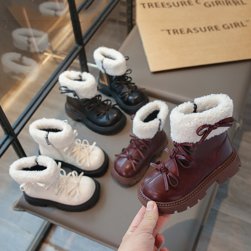 Lánycsizma vaskos egyszínű csokornyakkendő Morden plüss meleg gyerek téli csizma édes elegáns gyönyörű csúszásgátló gyerekcipő 26-36