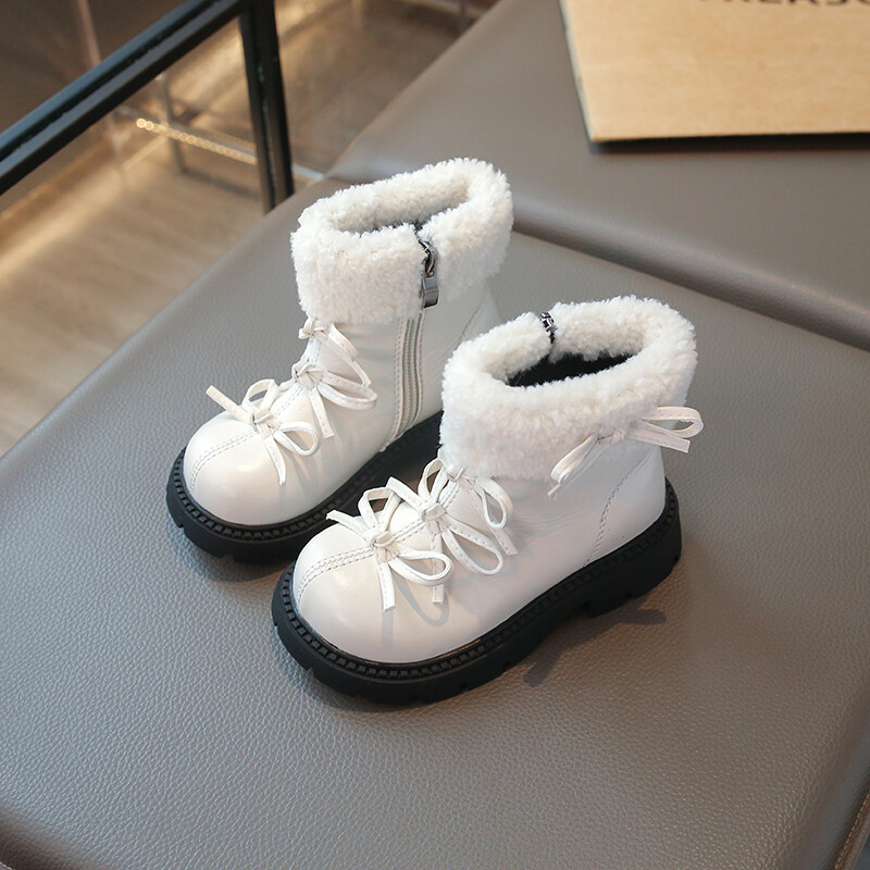 Lánycsizma vaskos egyszínű csokornyakkendő Morden plüss meleg gyerek téli csizma édes elegáns gyönyörű csúszásgátló gyerekcipő 26-36