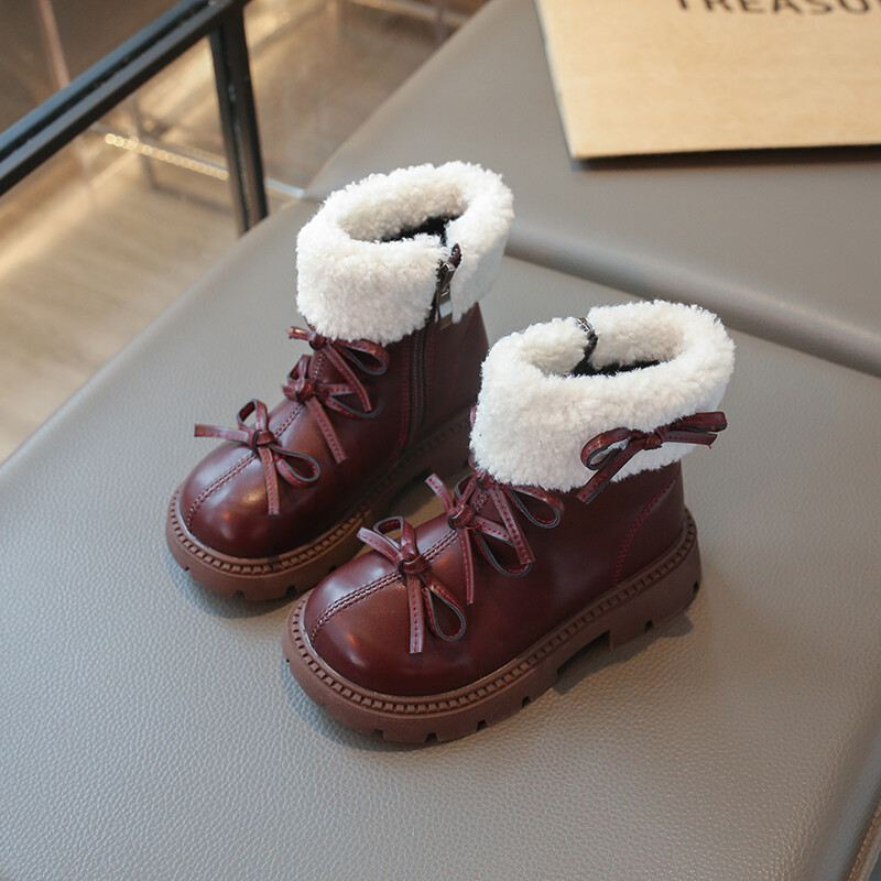 Lánycsizma vaskos egyszínű csokornyakkendő Morden plüss meleg gyerek téli csizma édes elegáns gyönyörű csúszásgátló gyerekcipő 26-36