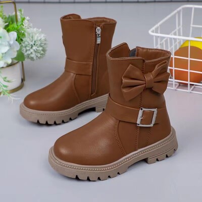 Kids Martin csizma 2024 új őszi téli plüss gyerekcipők koreai stílusú PU bőr vízálló csokornyakkendő lányoknak hercegnős csizmák