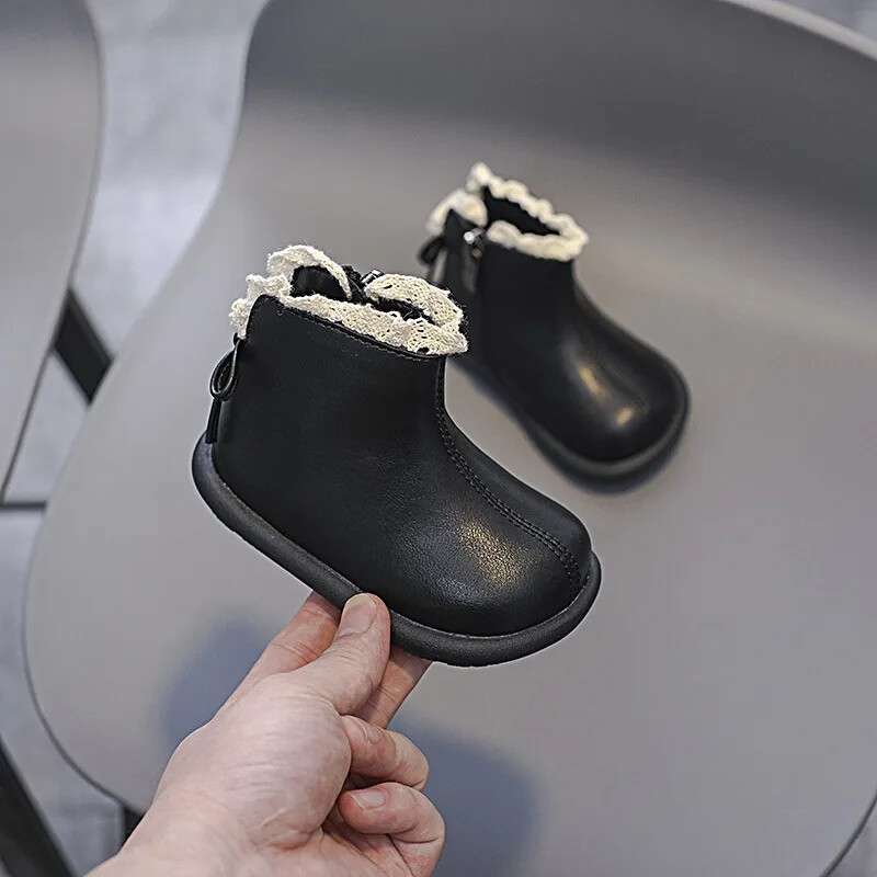 Őszi téli baba csizma lányoknak brit stílusú gyerekcipők gyerek masni csipke hercegnős cipők csúszásmentes puha talpú kültéri csecsemőcsizmák