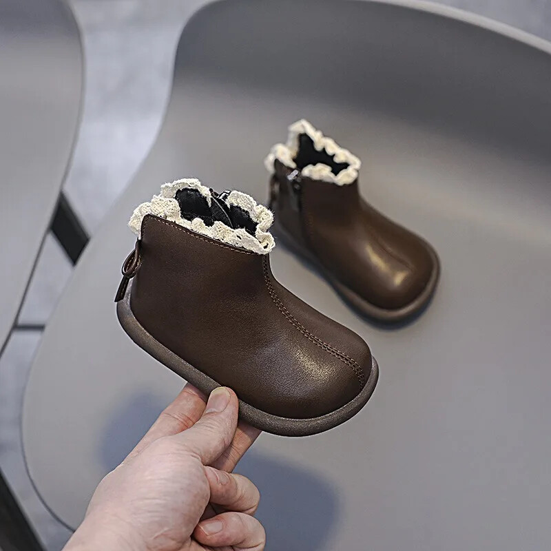 Őszi téli baba csizma lányoknak brit stílusú gyerekcipők gyerek masni csipke hercegnős cipők csúszásmentes puha talpú kültéri csecsemőcsizmák