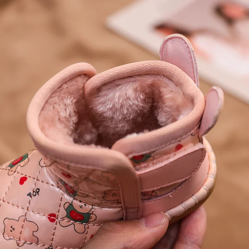 Cizme de zăpadă pentru fetițe, toamnă iarnă, pantofi căptușiți din bumbac, urs din desene animate, cizme calde de pluș, anti-alunecos, în aer liber, pentru copii