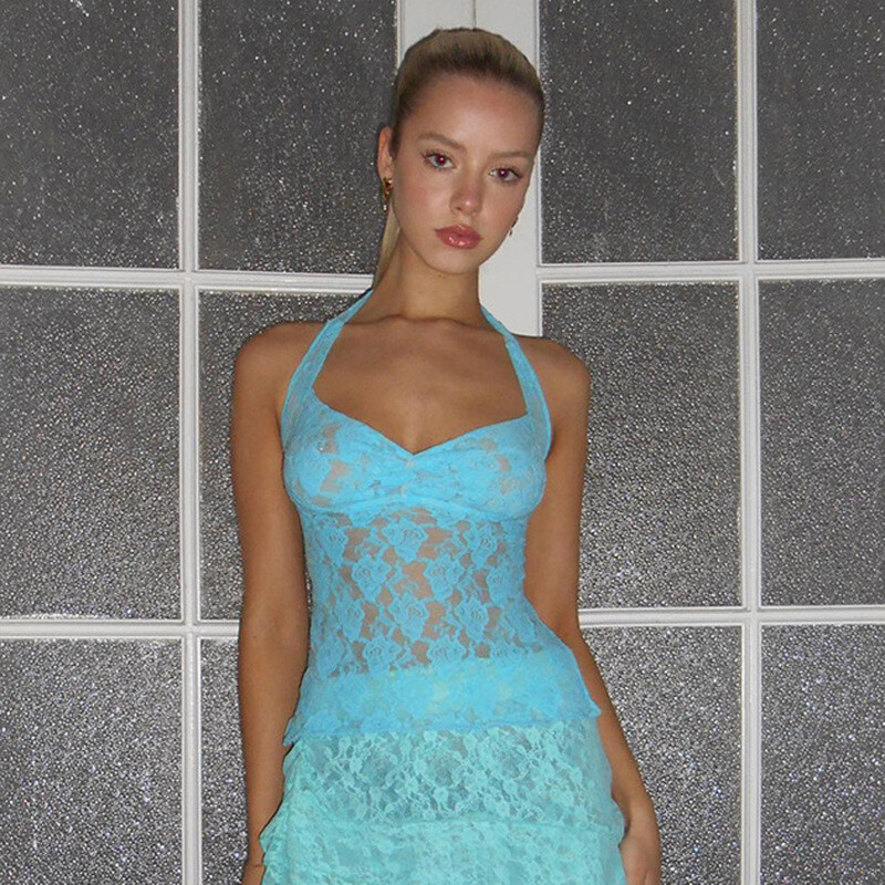 Vasaras sieviešu mežģīnes, caurspīdīgs kvadrātveida kakls, bez siksnām bez piedurknēm bez aizmugures, pieguļošs, seksīgi, glīts