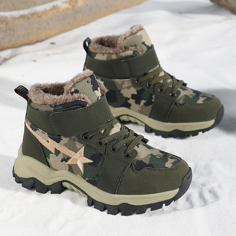 Bērnu zābaki 2024 Winter Plus Siltas kedas Ādas meiteņu apavi Neslīdoši bērnu zābaki, zēni sniega zābaki maskēšanās apavi