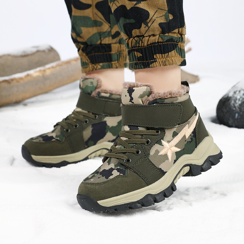 Bērnu zābaki 2024 Winter Plus Siltas kedas Ādas meiteņu apavi Neslīdoši bērnu zābaki, zēni sniega zābaki maskēšanās apavi