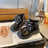 Meiteņu modes ādas zābaki Jauni rudens ziemas zīdaiņu meiteņu ūdensizturīgi neslīdoši gumijas ārzole silti, jauki, bantīti princešu zābaki