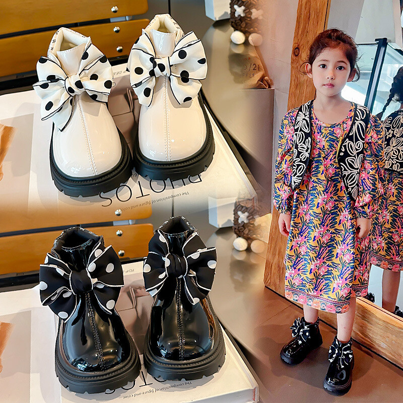 Meiteņu modes ādas zābaki Jauni rudens ziemas zīdaiņu meiteņu ūdensizturīgi neslīdoši gumijas ārzole silti, jauki, bantīti princešu zābaki