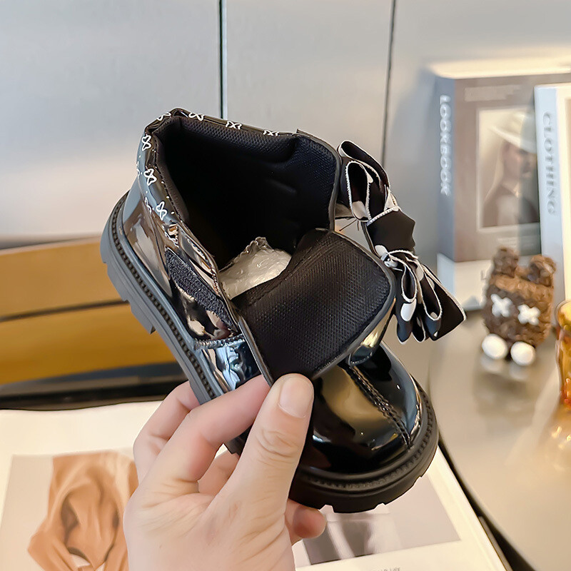 Meiteņu modes ādas zābaki Jauni rudens ziemas zīdaiņu meiteņu ūdensizturīgi neslīdoši gumijas ārzole silti, jauki, bantīti princešu zābaki