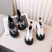 Meiteņu ziemas zābaki savārstījums Tauriņš Šūšana Pērlītēm Silti Bērnu Īsi Zābaki līdz ikru vidum Plīša Rāvējslēdzējs Ērti Modes Bērnu Apavi