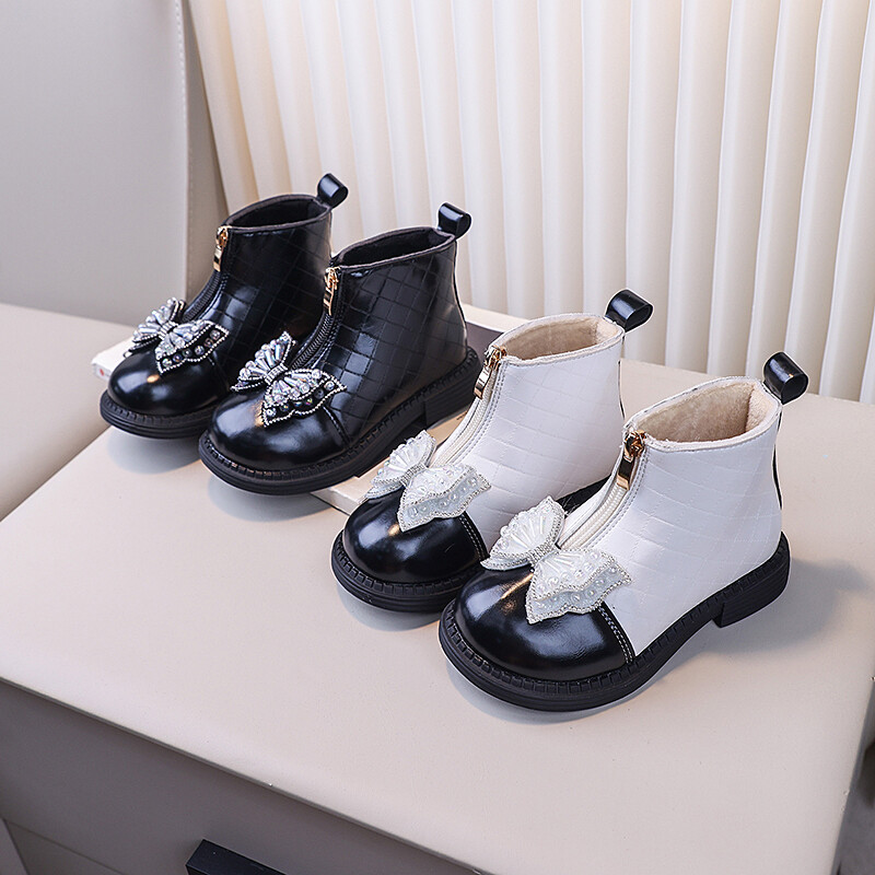 Meiteņu ziemas zābaki savārstījums Tauriņš Šūšana Pērlītēm Silti Bērnu Īsi Zābaki līdz ikru vidum Plīša Rāvējslēdzējs Ērti Modes Bērnu Apavi