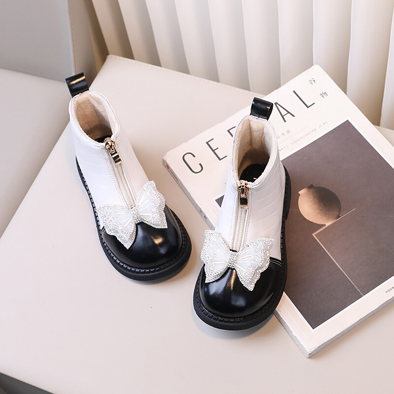 Meiteņu ziemas zābaki savārstījums Tauriņš Šūšana Pērlītēm Silti Bērnu Īsi Zābaki līdz ikru vidum Plīša Rāvējslēdzējs Ērti Modes Bērnu Apavi