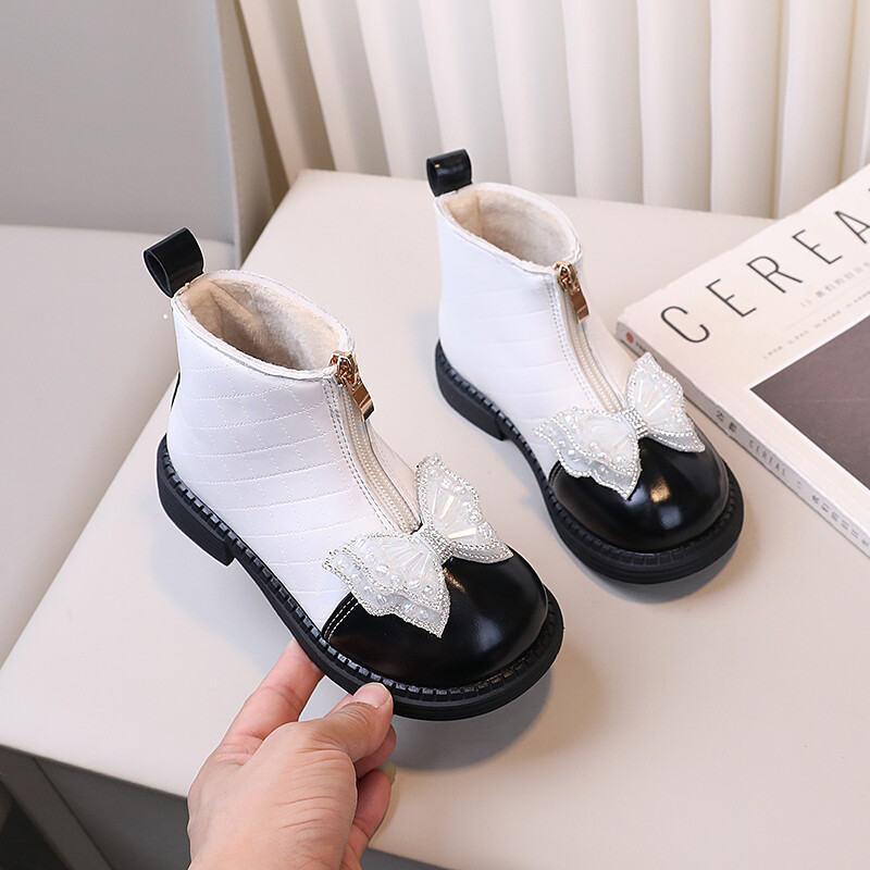 Meiteņu ziemas zābaki savārstījums Tauriņš Šūšana Pērlītēm Silti Bērnu Īsi Zābaki līdz ikru vidum Plīša Rāvējslēdzējs Ērti Modes Bērnu Apavi