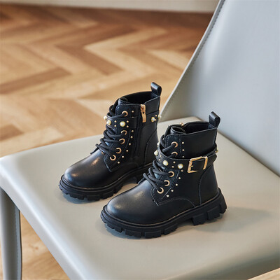 Népszerű divatos kifutós csizmák cipzáras gyerekeknek puha őszi/téli egyedülálló baba négyszögletes sarkú gyöngysoros gyerekcipők Zapatos Mujer