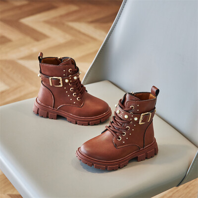 Népszerű divatos kifutós csizmák cipzáras gyerekeknek puha őszi/téli egyedülálló baba négyszögletes sarkú gyöngysoros gyerekcipők Zapatos Mujer