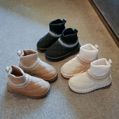 Ziemas bērnu sniega zābaki Bieza kažokāda Ūdensnecaurlaidīga, kupla, īsi bērnu zābaki līdz ikru vidusdaļai, uzvelkami, šūšanas modeļi, trīs krāsu meiteņu zābaki