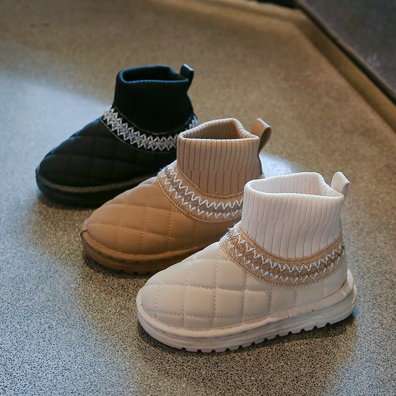 Ziemas bērnu sniega zābaki Bieza kažokāda Ūdensnecaurlaidīga, kupla, īsi bērnu zābaki līdz ikru vidusdaļai, uzvelkami, šūšanas modeļi, trīs krāsu meiteņu zābaki