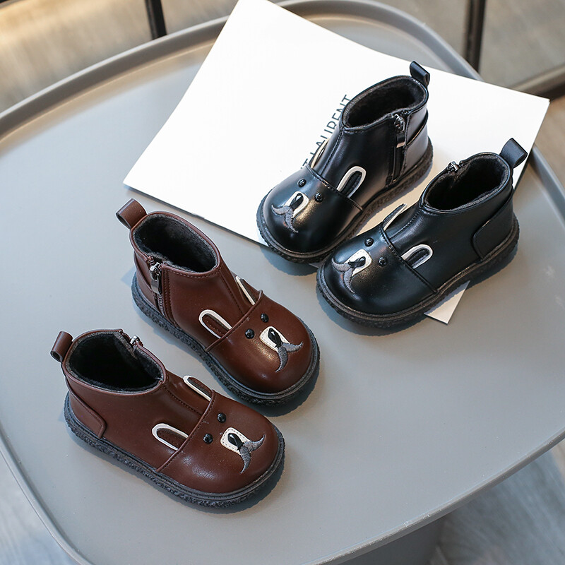 Maziem bērniem Ziemas zābaki Bear Jauki plīša, silti bērnu zābaki, melni brūni rāvējslēdzējs līdz ikru vidusdaļai Unisex zēnu meiteņu apavi 21-30