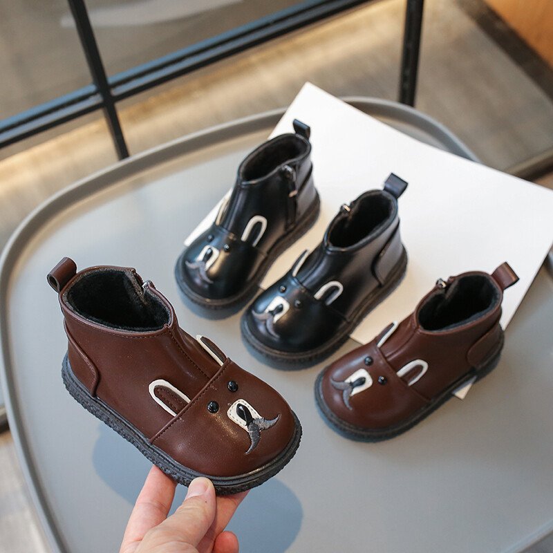 Maziem bērniem Ziemas zābaki Bear Jauki plīša, silti bērnu zābaki, melni brūni rāvējslēdzējs līdz ikru vidusdaļai Unisex zēnu meiteņu apavi 21-30