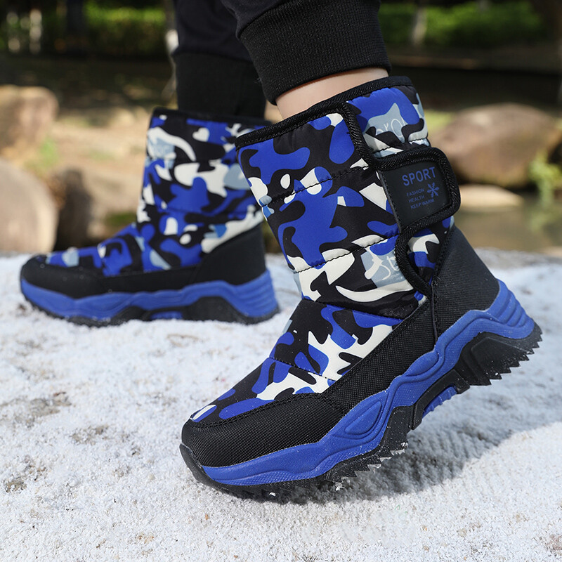 Žieminiai berniuko sniego batai, šilti pliušiniai vaikiški sportbačiai, neslidūs, jaunimo sportiniai vandeniui atsparūs medvilniniai madingi kulkšnies batai berniukui