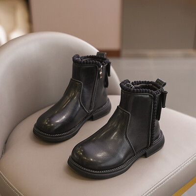 Meiteņu puszābaki ar apaļu galvu, neslīdoši, īsi bērnu zābaki ar Sweet Bow 2024. gada jauni meiteņu Chelsea ādas zābaki ar sānu rāvējslēdzēju