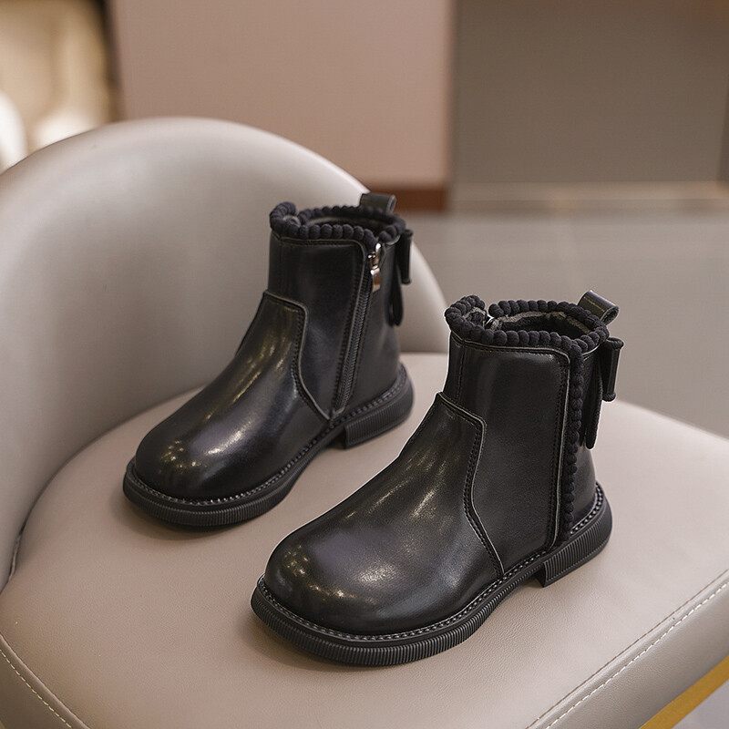 Meiteņu puszābaki ar apaļu galvu, neslīdoši, īsi bērnu zābaki ar Sweet Bow 2024. gada jauni meiteņu Chelsea ādas zābaki ar sānu rāvējslēdzēju