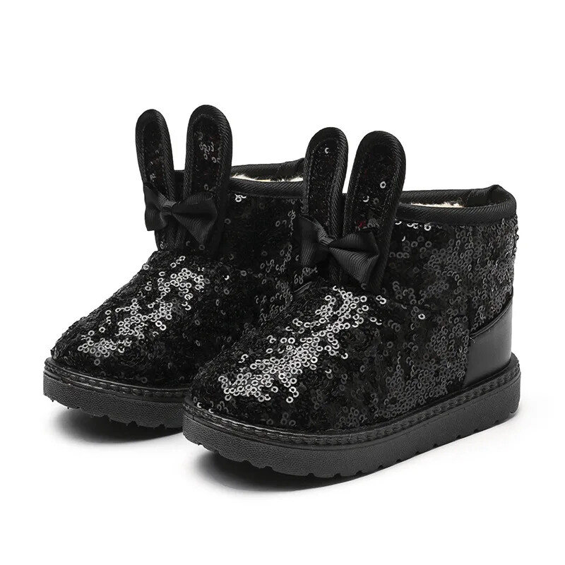 Lányok hócsizma nyuszi fül csokornyakkendő flitterek aranyos téli meleg bokacsizma hercegnő tipegő csúszásmentes divat gyerek csizma csillogó Bling