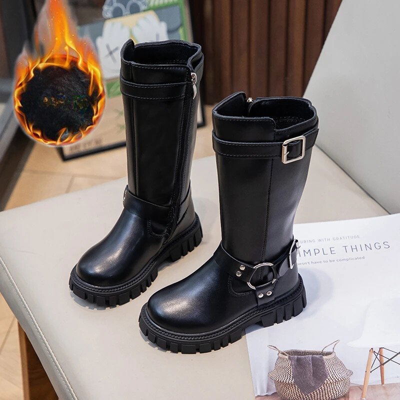 Jauni Ziemas Bērnu Zābaki Silti Plīša Meitenes Augsti Gari Zābaki Melni Modes Bērniem Causal Kokvilnas zābaki Apaļi ar purngalu Daudzpusīgi Neslīdoši