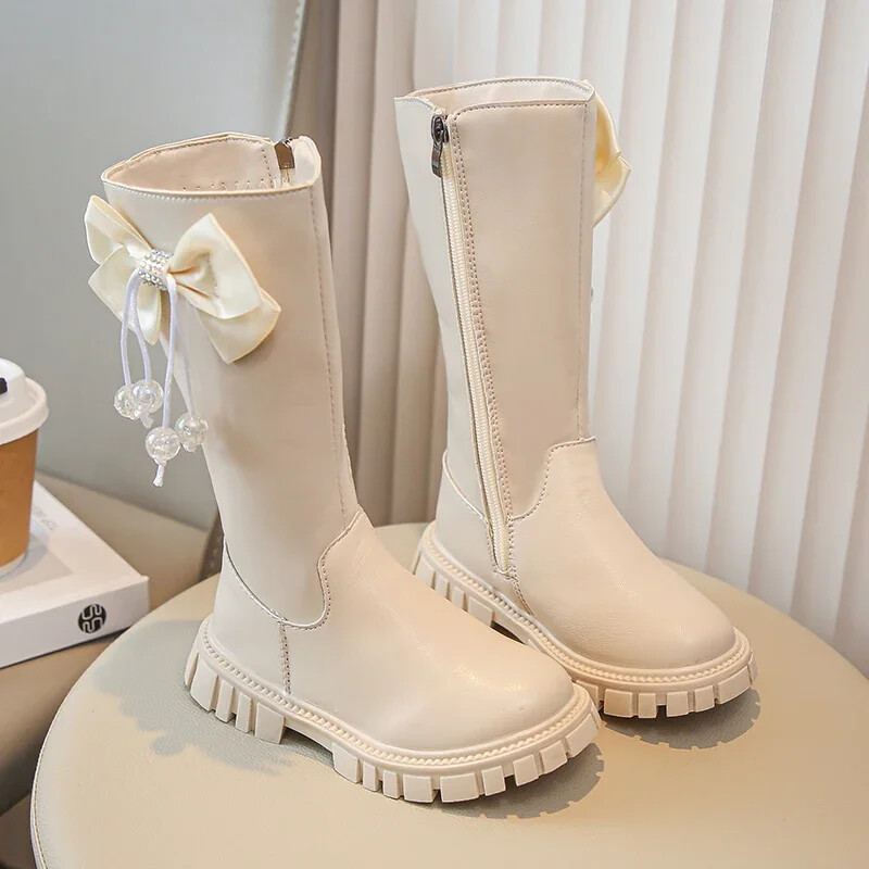 Gyerekcsizmák lányoknak Elegáns tipegők egyszínű hosszú csizmák divatos gyerekek kausal magas csizmák fekete bézs sokoldalú oldalsó cipzár