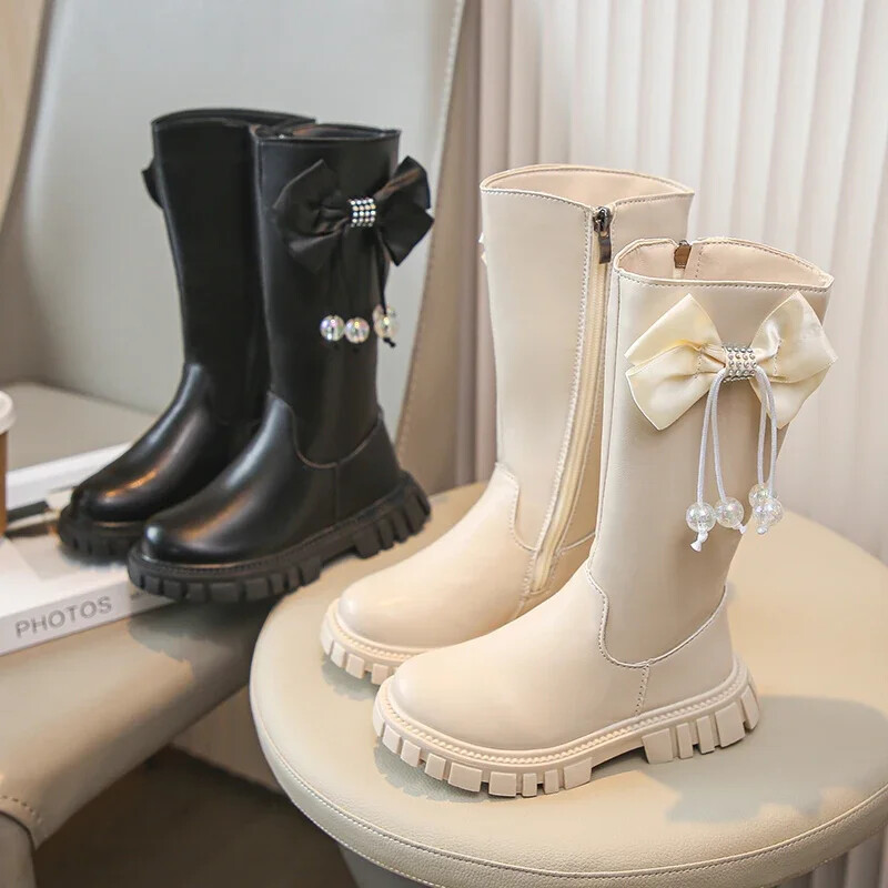 Gyerekcsizmák lányoknak Elegáns tipegők egyszínű hosszú csizmák divatos gyerekek kausal magas csizmák fekete bézs sokoldalú oldalsó cipzár