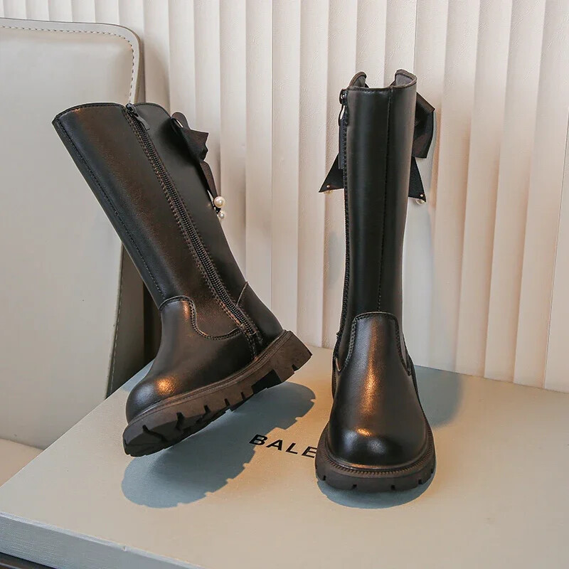 Cizme înalte pentru copii primăvară toamnă Cizme elegante pentru copii pentru fete Moda versatilă prințesă Causal cu fundă cizme din piele șic