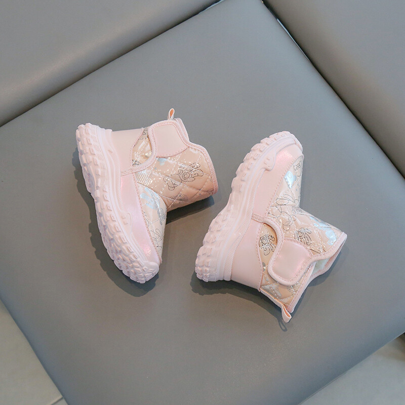 Zēniem un meitenēm ziemas polsterēti silti kokvilnas apavi ar biezu apakšu, neslīdošu lakādas ūdensizturīgu, neslīdošu sniega zābaku