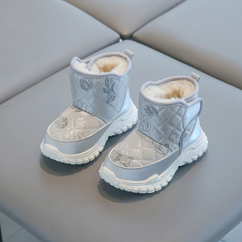 Zēniem un meitenēm ziemas polsterēti silti kokvilnas apavi ar biezu apakšu, neslīdošu lakādas ūdensizturīgu, neslīdošu sniega zābaku