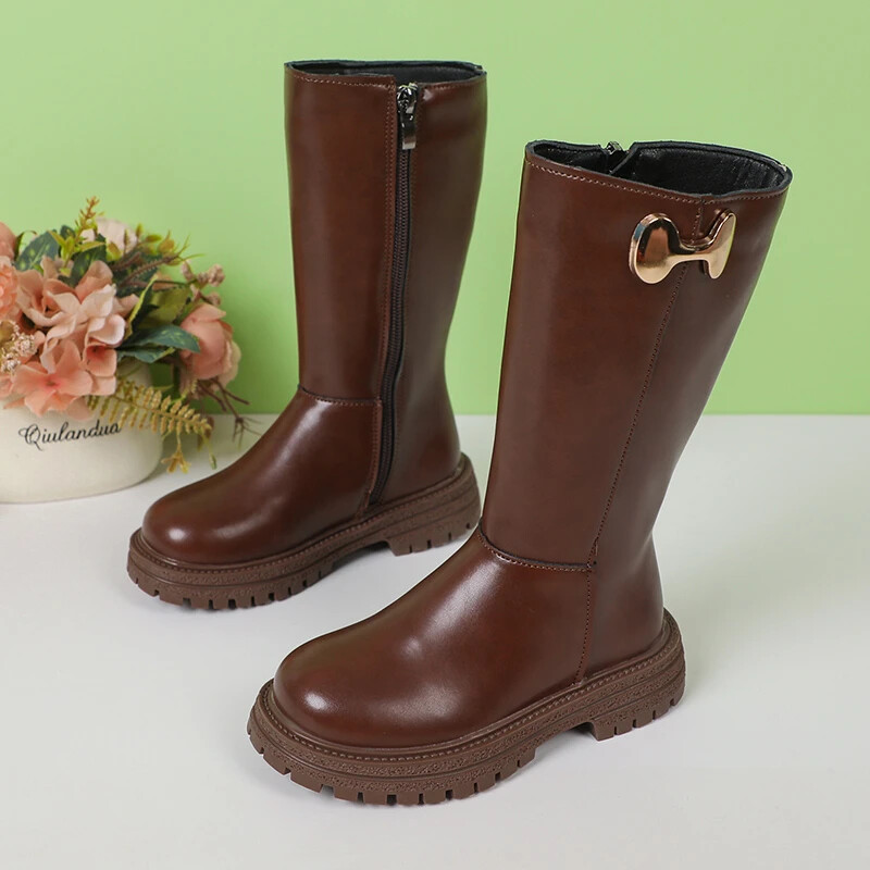 Lányok hosszú csizmák fekete divatos gyerekek bőr csizmák 2024 őszi téli divat meleg szőrme gyermek motoros csizmák klasszikus