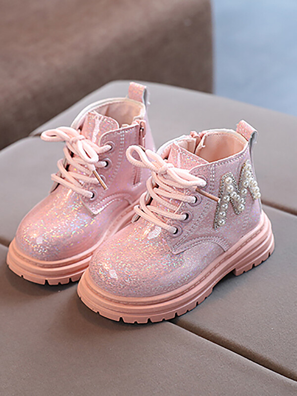 Bērnu modes gumijas zābaki Forši rudens/ziemas Kokvilnas mīksta zole Mirdzoša āda M Pērļu stila rāvējslēdzējs Meiteņu apavi