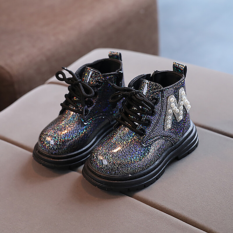 Bērnu modes gumijas zābaki Forši rudens/ziemas Kokvilnas mīksta zole Mirdzoša āda M Pērļu stila rāvējslēdzējs Meiteņu apavi