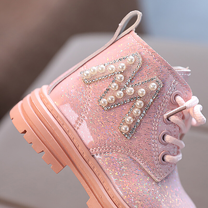 Bērnu modes gumijas zābaki Forši rudens/ziemas Kokvilnas mīksta zole Mirdzoša āda M Pērļu stila rāvējslēdzējs Meiteņu apavi