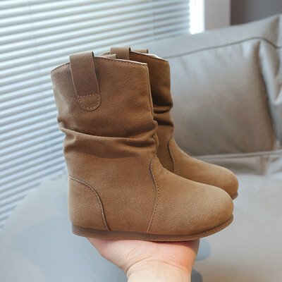 Ziemas meiteņu zābaki Zamšādas Khaki Camel Slip-on Elastīgi Klasiski bērnu zābaki Plīša Silti Gaiši Moderni Ērti Bērnu apavi ikdienā