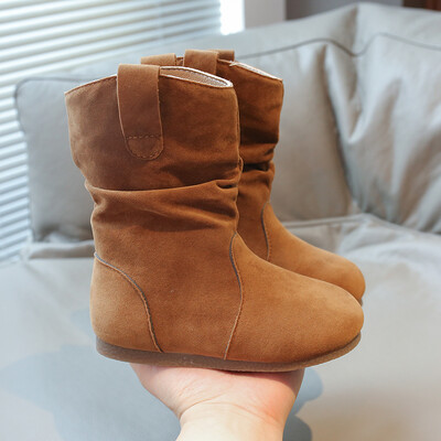 Ziemas meiteņu zābaki Zamšādas Khaki Camel Slip-on Elastīgi Klasiski bērnu zābaki Plīša Silti Gaiši Moderni Ērti Bērnu apavi ikdienā