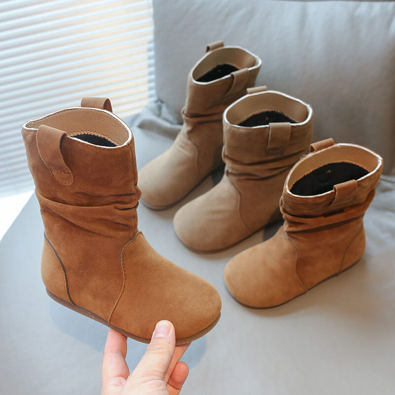 Ziemas meiteņu zābaki Zamšādas Khaki Camel Slip-on Elastīgi Klasiski bērnu zābaki Plīša Silti Gaiši Moderni Ērti Bērnu apavi ikdienā