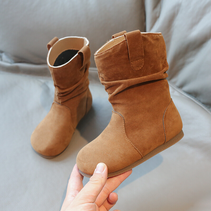 Ziemas meiteņu zābaki Zamšādas Khaki Camel Slip-on Elastīgi Klasiski bērnu zābaki Plīša Silti Gaiši Moderni Ērti Bērnu apavi ikdienā