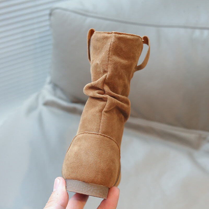 Ziemas meiteņu zābaki Zamšādas Khaki Camel Slip-on Elastīgi Klasiski bērnu zābaki Plīša Silti Gaiši Moderni Ērti Bērnu apavi ikdienā
