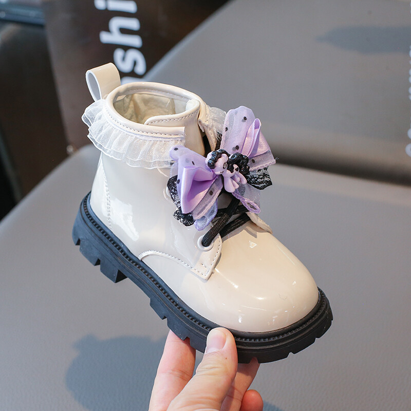 2–18 gadus vecām meitenēm ādas zābaki smilškrāsas multfilmu loku bērnu apavi Four Seasons, mīksta apakša, neslīdoši bērnu zābaki bērniem